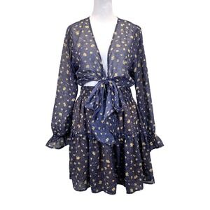 Navy Blue Floral Polka Dot Two Piece Set Tie Front Crop Top Tiered Mini Skirt